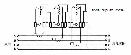 三只单相电表测量三相四线制线路电能接线图