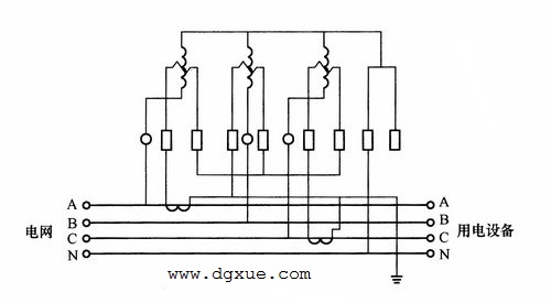 三相四线制有功电表经两个电流互感器测量三相电能接线图