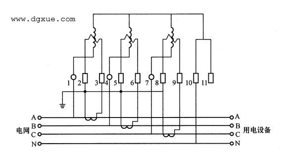 三相四线制有功电表经三个电流互感器测量三相电能接线图