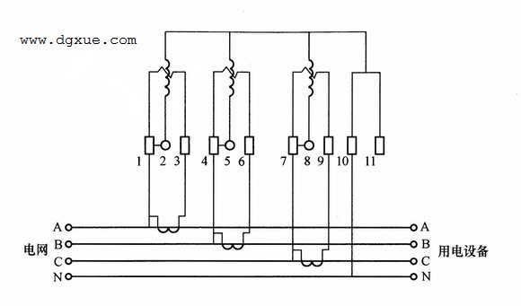 三相四线制有功电表经三个电流互感器测量三相电能接线图
