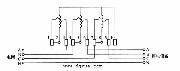 三相四线制有功电表测量三相电能接线电路图