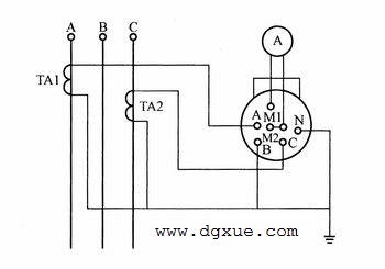 1个交流电表和2个电流互感器由转换开关测量三相电流