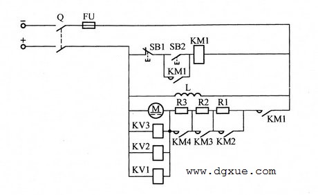 按速度电流时间原则切除直流电动机启动电阻的电路接线图