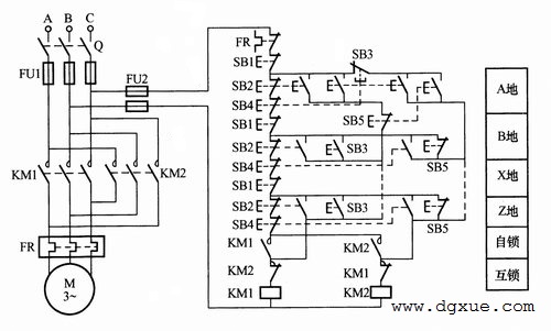 电动机多地正反转启动、停止、点动控制电路接线图