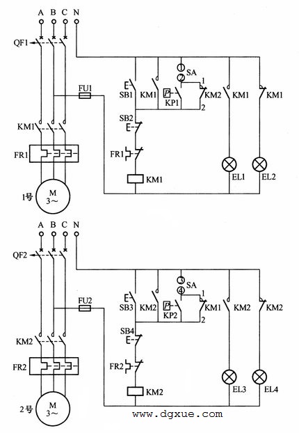 双电动机自动切换运行控制电路接线图