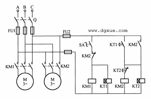 两台电动机交替工作控制电路接线图