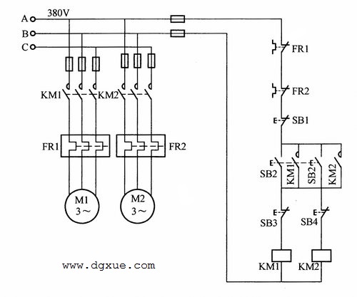 两台电动机同时启动后一停一运行控制电路接线图
