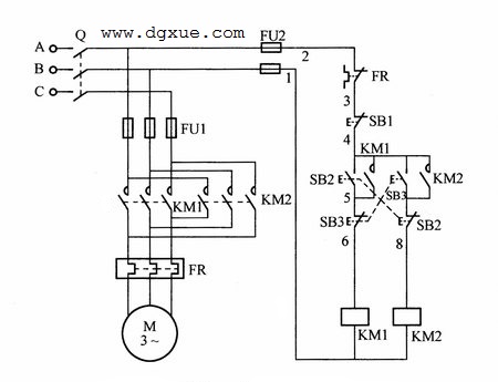 按钮互锁的电动机正反转控制电路接线图