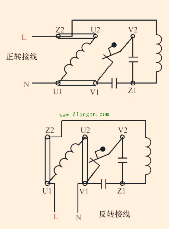 倒顺开关控制双电容单相电机正反转接线图_单相双电容电动机接线详解