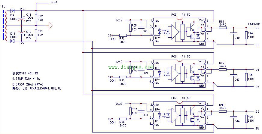 台安E310-0.75kW变频器电源/驱动板电路