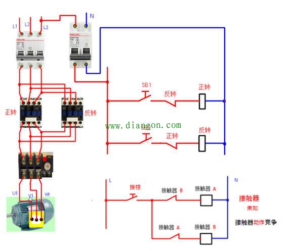 接触器控制电机正反转接线方法图解 初学电工必看！