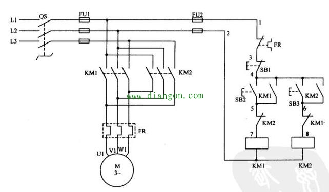 接触器互锁的三相异步电动机正反转控制线路原理图解