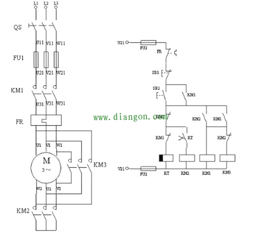 三相异步电动机Y-△转换控制的继电器线路图