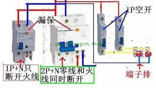 1P+N和2P漏电断路器接线方法图解