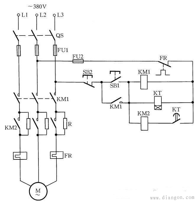 电动机定子绕组串联电阻启动控制电路原理图解