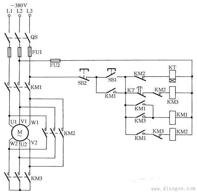 用时间继电器自动转换Y-△启动控制电路图原理图解