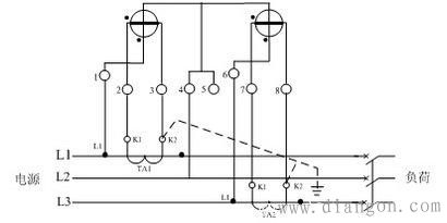 三相三线式(三相两元件)电度表经电流互感器接线原理图