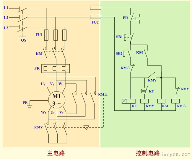 时间继电器自动控制星三角降压启动控制电路原理图解