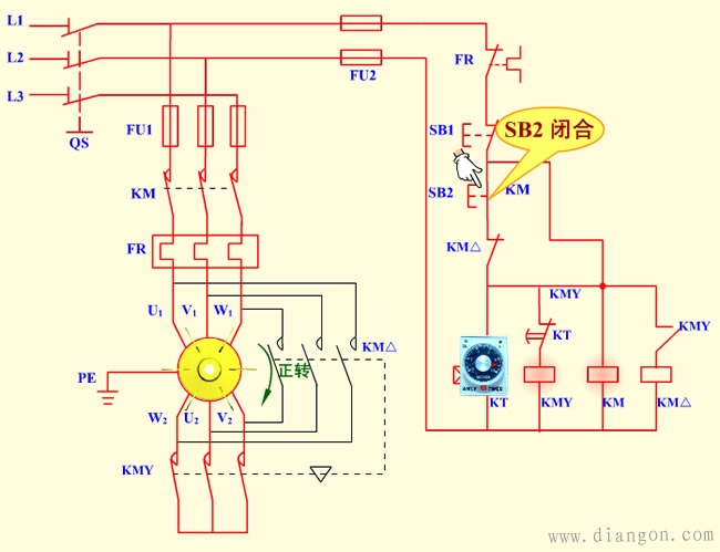 时间继电器自动控制星三角降压启动控制电路原理图解