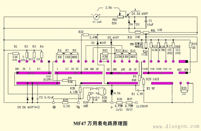 老式南京mf47万用表电路图解析