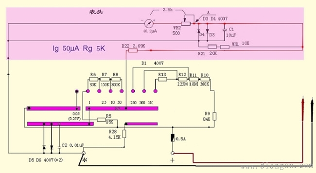 老式南京mf47万用表电路图解析