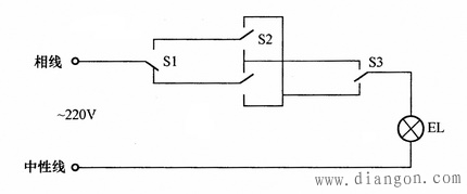 三个开关控制一个灯电路图