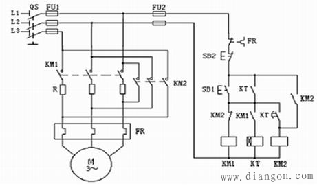 采用时间继电器的串电阻降压起动控制电路原理图解