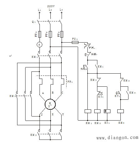 时间继电器控制Y-Δ降压起动控制线路