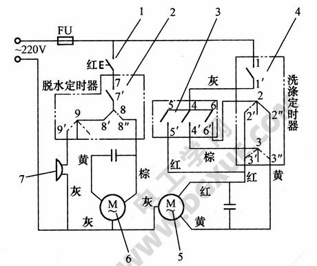 普通双缸双桶波轮式洗衣机控制电路图解