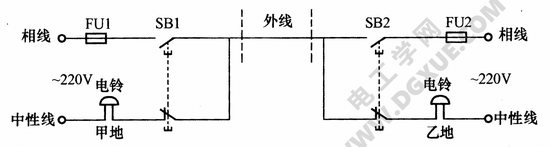 单线远程控制双向电铃电路接线图解