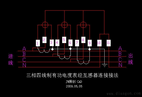 机械式三相四线制有功电度表的常用接线图