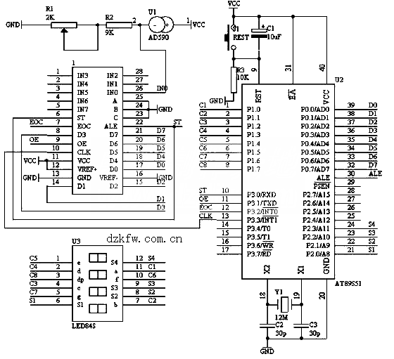 51单片机制作的四位数字温度计，温度计电路图