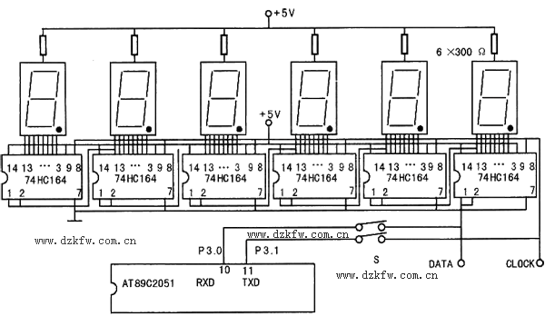 单片机电子钟电路图，用单片机89C2051串行通信74HC164制作发光电子钟