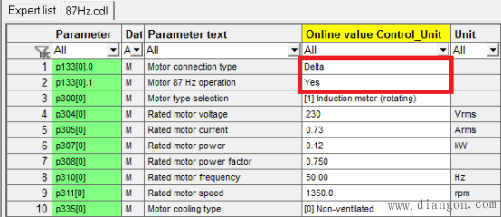 使用STARTER调试工具设置固件版本为4.6的变频器87Hz特性的参数