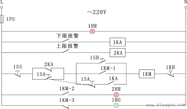 电接点温度仪表构成温度控制系统电气二次控制原理图