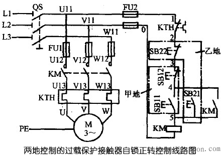 两地控制的过载保护接触器自锁正转控制线路图