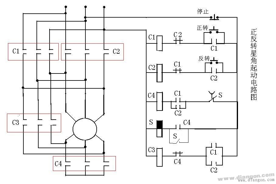 星三角启动电机正反转电路图