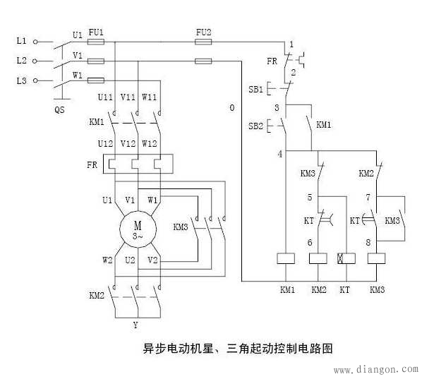 星三角启动电机正反转电路图